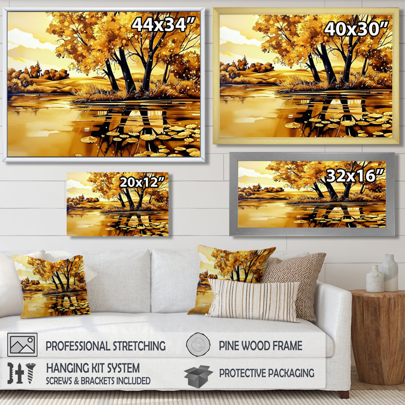 «Golden Glow River In Autumn II», impression d'art mural paysage d'automne, H 16 po x l 32 po, Brun