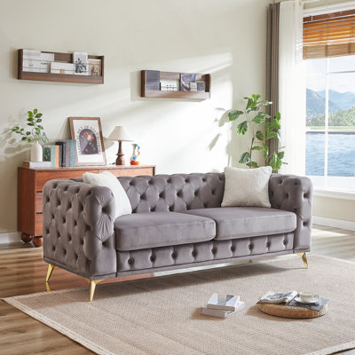 82.5-Inch Deluxe Tufted Velvet Sofa With 2 Pillows And Metal Feet