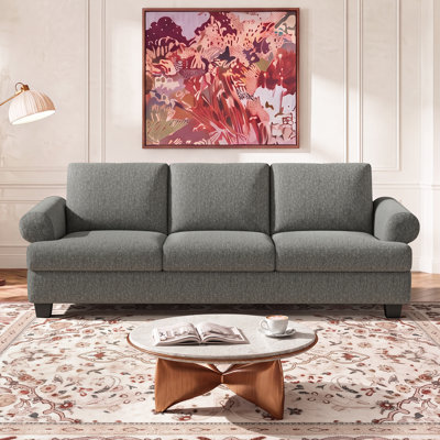 91" Upholstered Sofa with Rolled Arms and Removable Cushion Covers, 3-Seat Couch with High-Resilience Foam, Linen, Light Gray