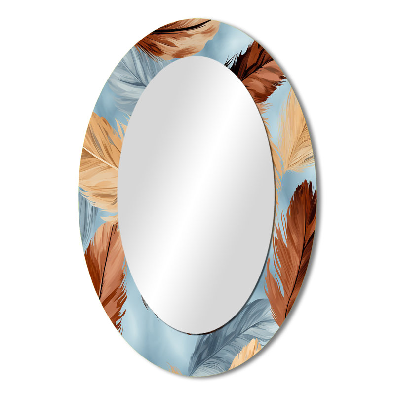 Miroir mural rétro en plumes de bohème bleu et orange II - Brun, 36 po x 24 po