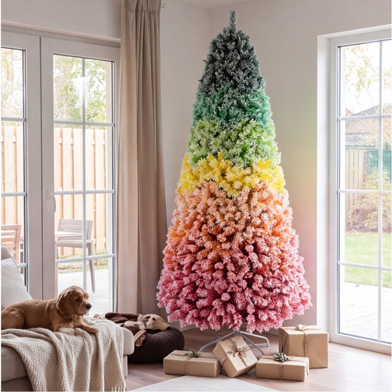 Arbre de Noël 7,5 pi à flocage dégradé arc-en-ciel, pin artificiel coloré avec 1927 pointes, branches articulées et support en métal robuste