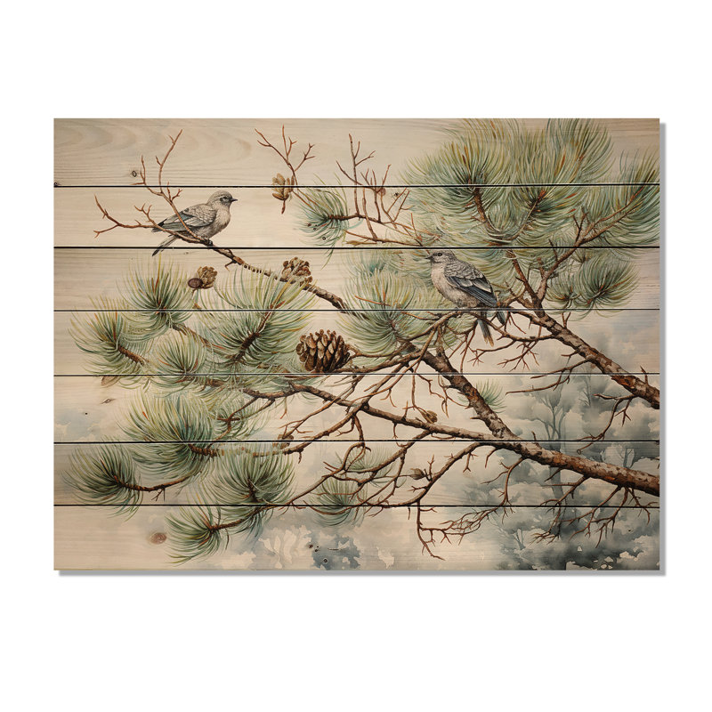 Oiseau sur pin I sur bois, H 24 po x l 32 po x P 0,78 po