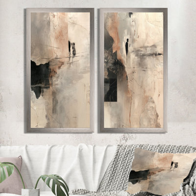 «Black and Grey Brushstroke», peinture abstraite murale noire 2 pièces