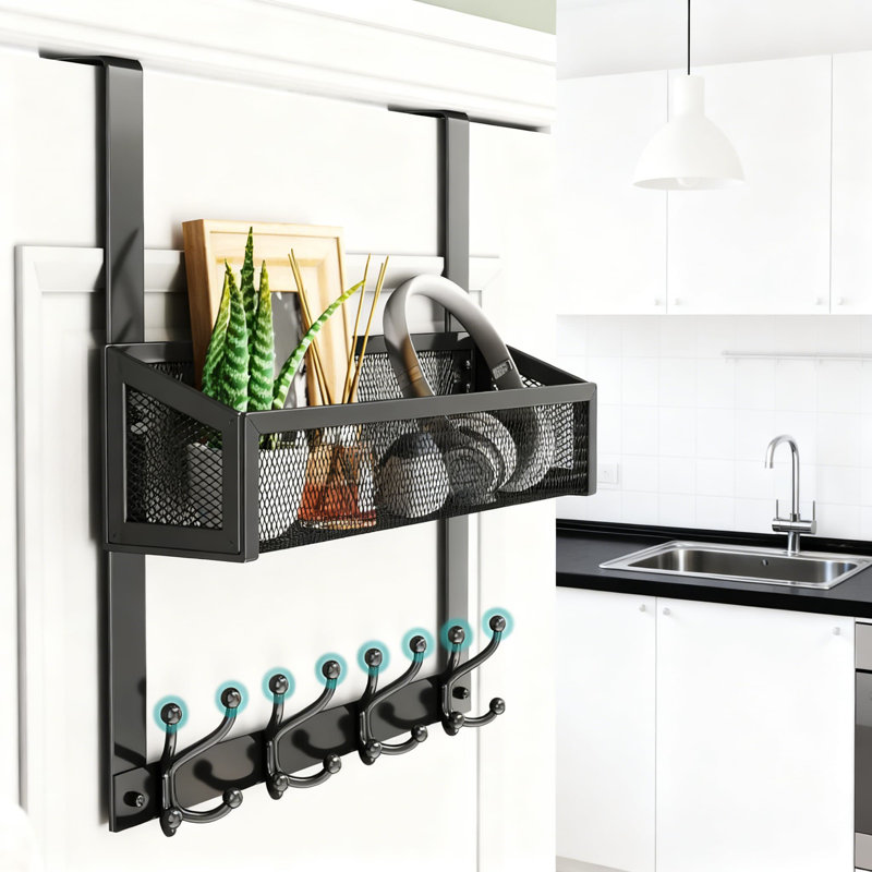 Organisateur au-dessus de la porte avec panier de rangement en maille et 16 crochets, plus support à éponge adhésif 4-en-1 pour cuisine et salle de bain