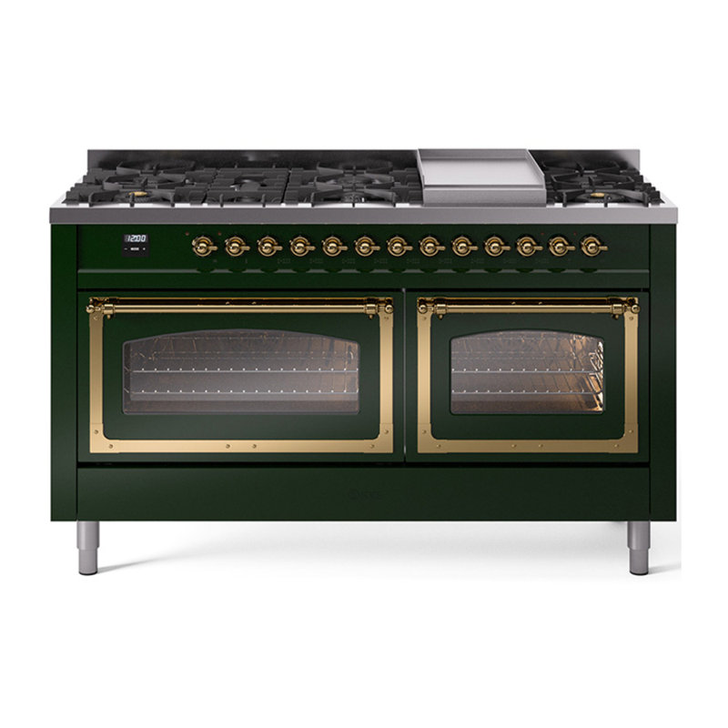 ILVE Nostalgie II Noblesse 60 po à deux brûleurs, 9 brûleurs, plaque chauffante, Vert émeraude / laiton, Propane liquide