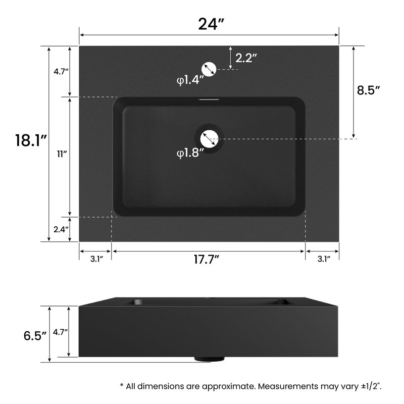 24"W x 18"D Wall Mounted Solid Surface Sink with Overflow & Single-Faucet Hole, Matte Black