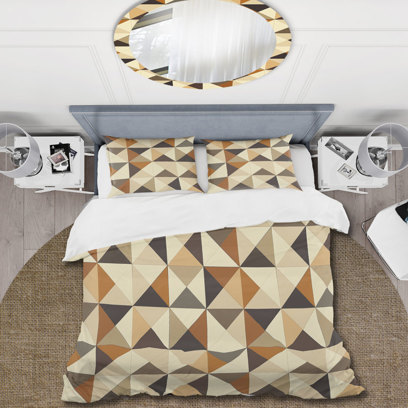 Ensemble de housse de couette Mid-Century Brown Triangles Print I, Housse de couette pour grand lit + 2 taies décora