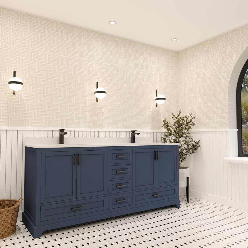 Meuble-lavabo double 72 po Maya avec comptoir en quartz blanc, Bleu, Noir mat