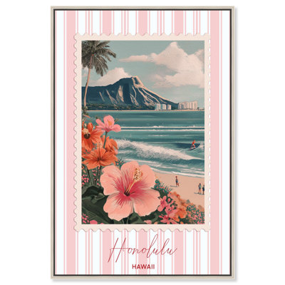 «Honolulu Travel Stamp», impression sur toile encadrée par Art Remedy, cadre argenté, 16 x 24