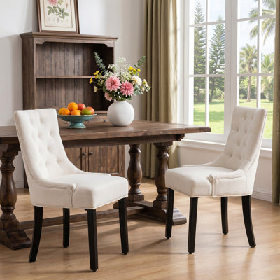 Linen Upholstery Chair Set of 2 with Wood Legs and Tufted Back