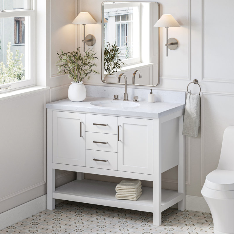 Single Bathroom Vanity with Carrara Quartz Top, White, 54"