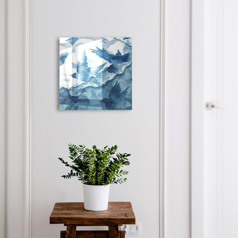 Key storage box, Opens to the left, 30x30x5, White, Blue birds in flight watercolor, 