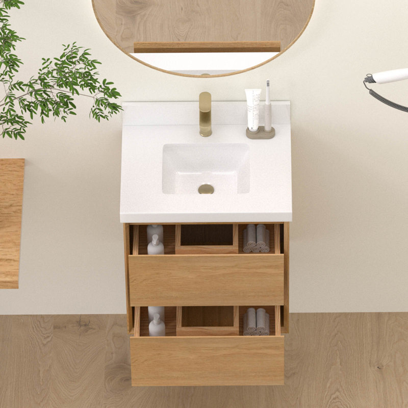 Meuble-lavabo simple mural 24 po avec comptoir en quartz blanc pur et lavabo en céramique