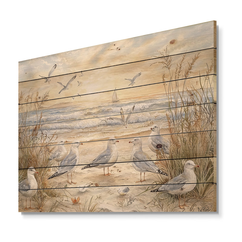 Mouettes sur la plage II - Décoration murale en bois côtier sur bois de pin naturel, H 10 po x l 20 po