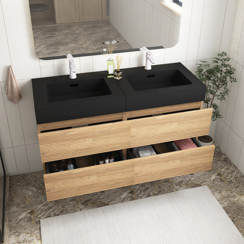 Meuble-lavabo avec lavabo à quartz et tiroirs à fermeture en douceur, meuble-lavabo mural flottant pour salle de bain moderne, lavabo une pièce