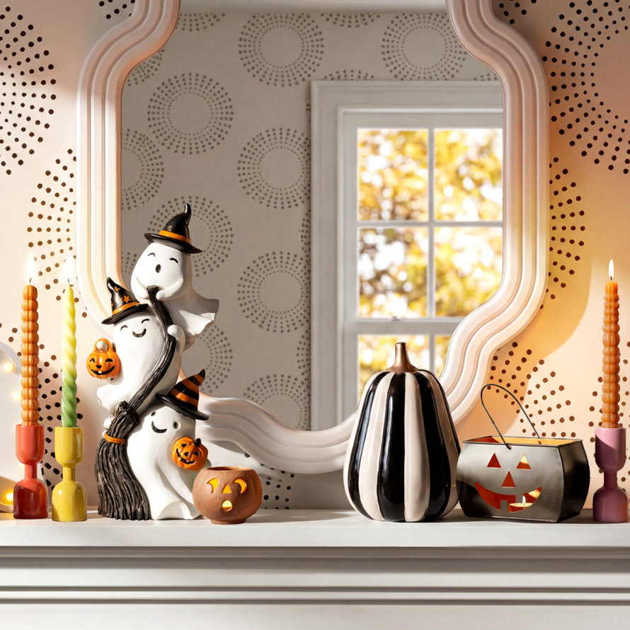 Festive Halloween mantel decor featuring a stack of three ghosts in witch hats, a black and white striped pumpkin, a jack-o'-lantern candle holder, and colorful taper candles reflected in a decorative wall mirror.