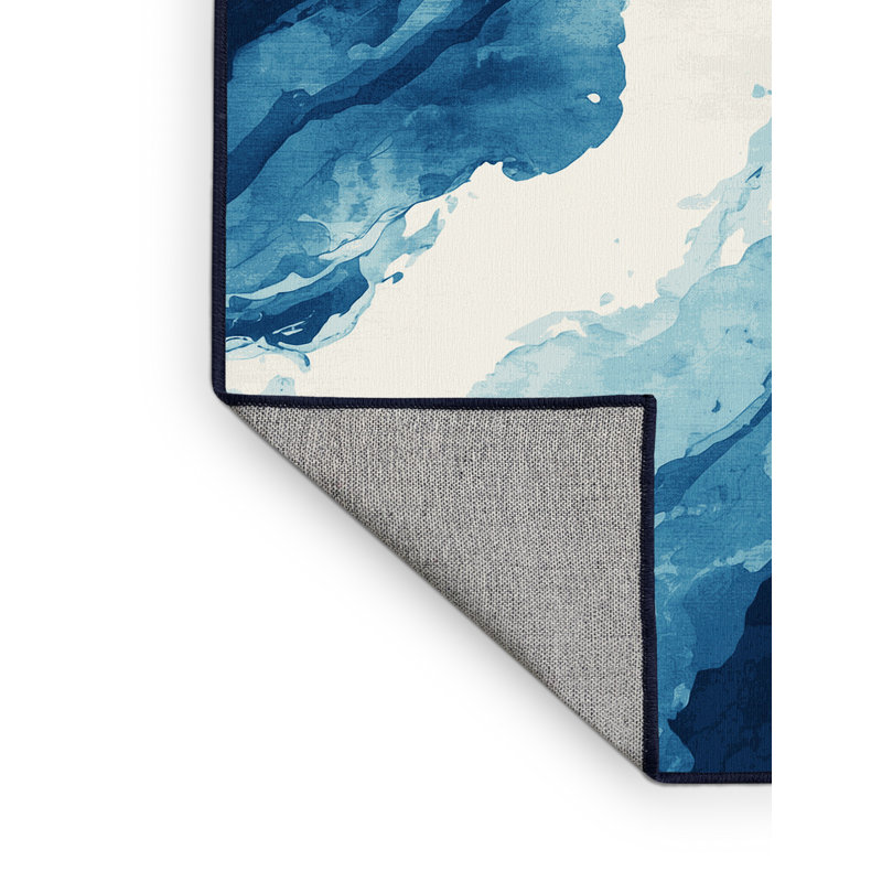 Tapis bleu moderne et contemporain lavable à la machine Osiyo, Rond 3 pi