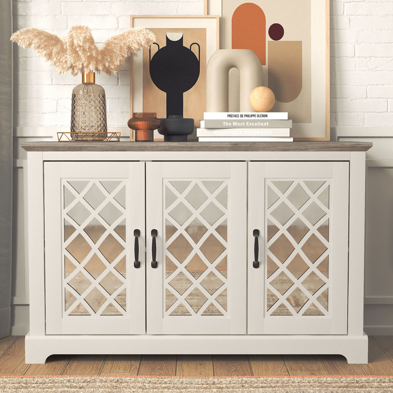 Soeren 45.73'' Modern Mirror Cutout Storage 3 Door Sideboard, Brown/White