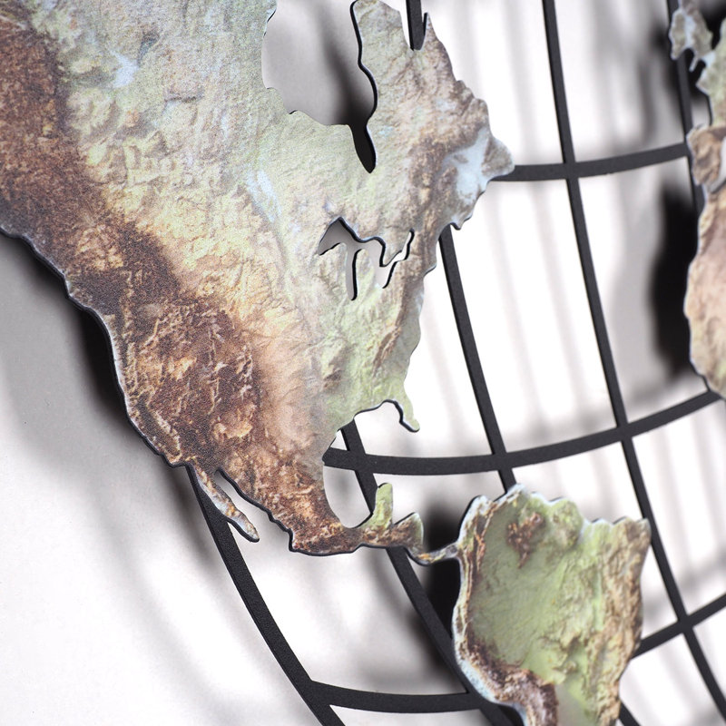 Carte topographique du monde en métal, art mural, H 14 po x l 19 po x P 1 po