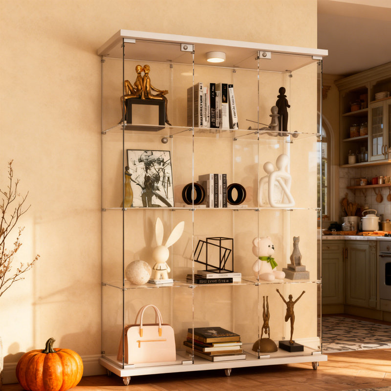 Annoeska 4-Shelf Curio Cabinet with LED Light,  3 Columns Tempered Glass Display Cabinet, White