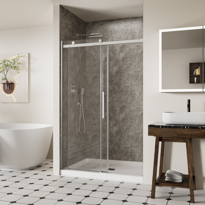 Porte de douche coulissante sans cadre l 44 à 48 po x H 74 po, verre trempé de 1/4 po (6 mm) avec revêtement antidéflagrant et revêtement Nano, bouchon inclus, chrome