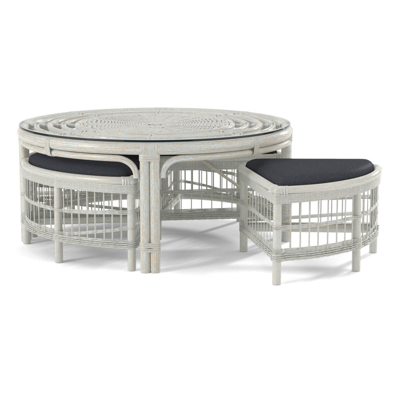 Raffles Rattan Cocktail Table with Benches, Bisque, Light Blue Performance Fabric; 0851-55
