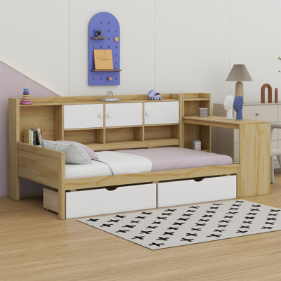 Wooden L-Shape Daybed With Storage Cabinets And Two Storage Drawers, Multi-Functional Bed With Study Desk And Built-In Bookshelf