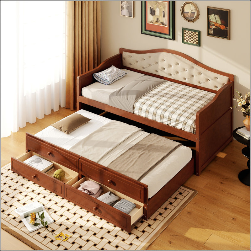Lit de jour simple avec lit gigogne et rangement, canapé-lit en bois avec dossier capitonné pour une utilisation polyvalente