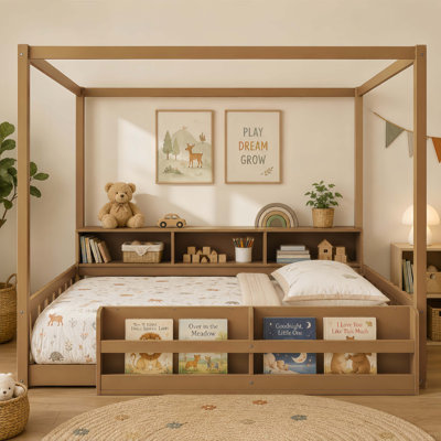 Lit au sol Montessori avec barrière et garde-corps, cadre de lit au sol pour enfants avec bibliothèque et étagères de rangement intégrées, lit à baldaquin en bois à lattes pour garçons et filles