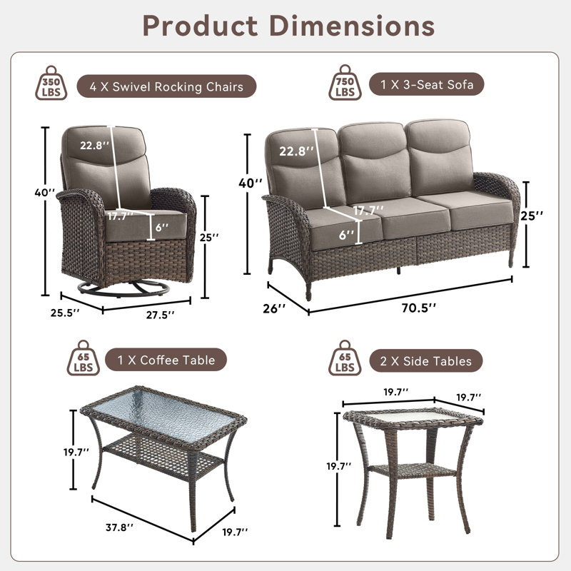 Luxury Outdoor Swivel Rocker Patio Chairs With 6-Inch Thick Cushions, High Back Swivel Glider Patio Chairs, 8PCS Wicker Outdoor Furniture Set For Porch, Patio, Yard, Deck, Poolside
