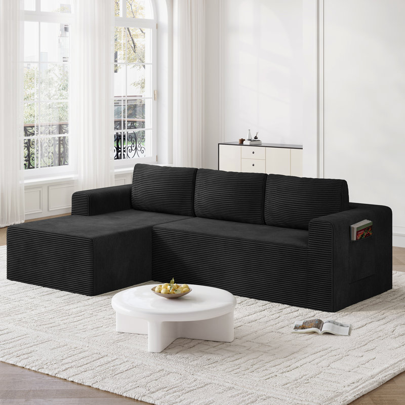 Modern 94.5inch Sectional L-Shaped Corduroy Sofa With Storage Pockets, Left Hand Facing, Corduroy - Black