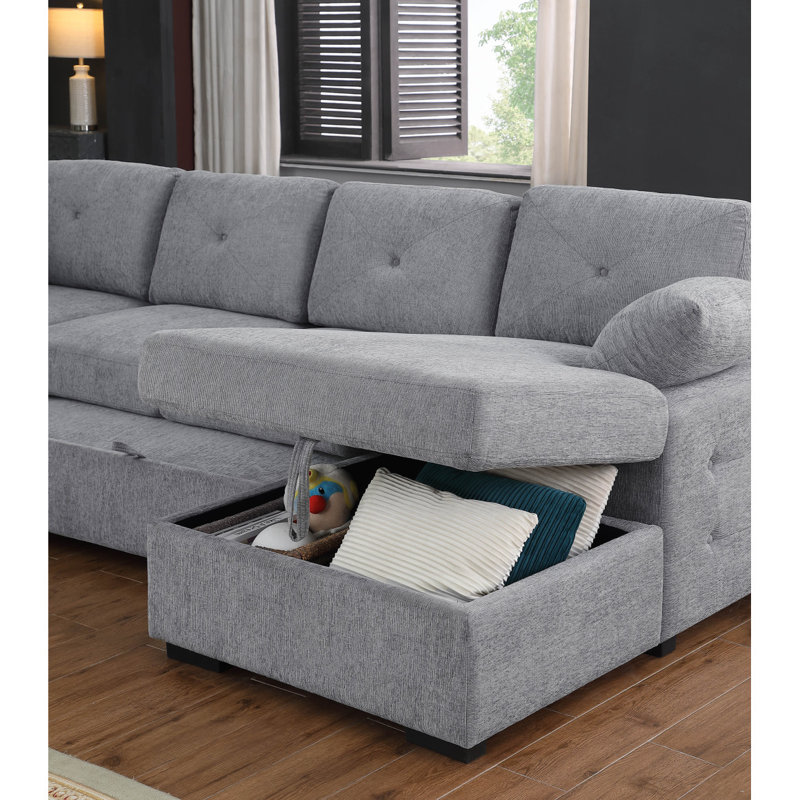 Canapé d'angle multi-fonctionnel en forme de L avec rangement et lit convertible, Gris clair