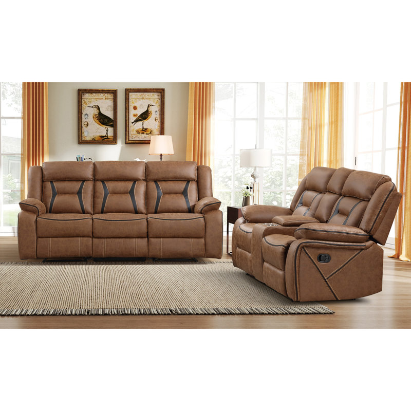 Ensemble de salon inclinable manuel 2 pièces en cuir végétalien avec console, Brun