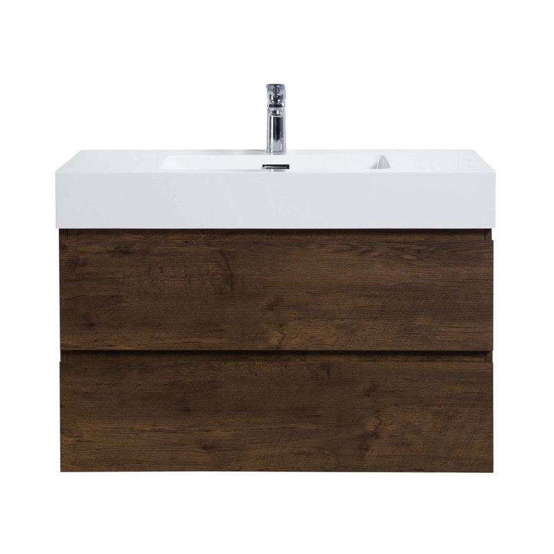 Grand meuble-lavabo mural moderne avec lavabo sans drain et robinet Modern H 25,2 po x l 35,8 po x P 18,1 po, Noyer, Blanc