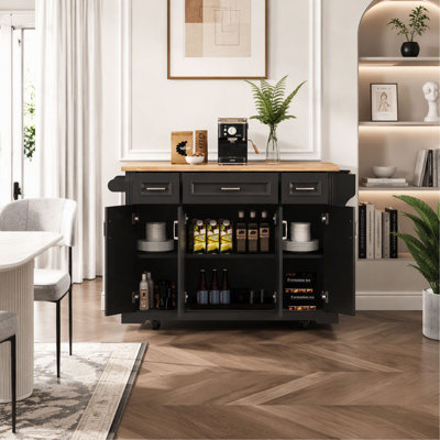 Îlot de cuisine K&K de 137 cm (54 pouces) avec plateau rabattable en bois d'hévéa, chariot de cuisine à roulettes texturé en relief sur 4 roues avec 4 portes et 3 tiroirs, îlot de cuisine avec rangement pour cuisine et salle à manger.