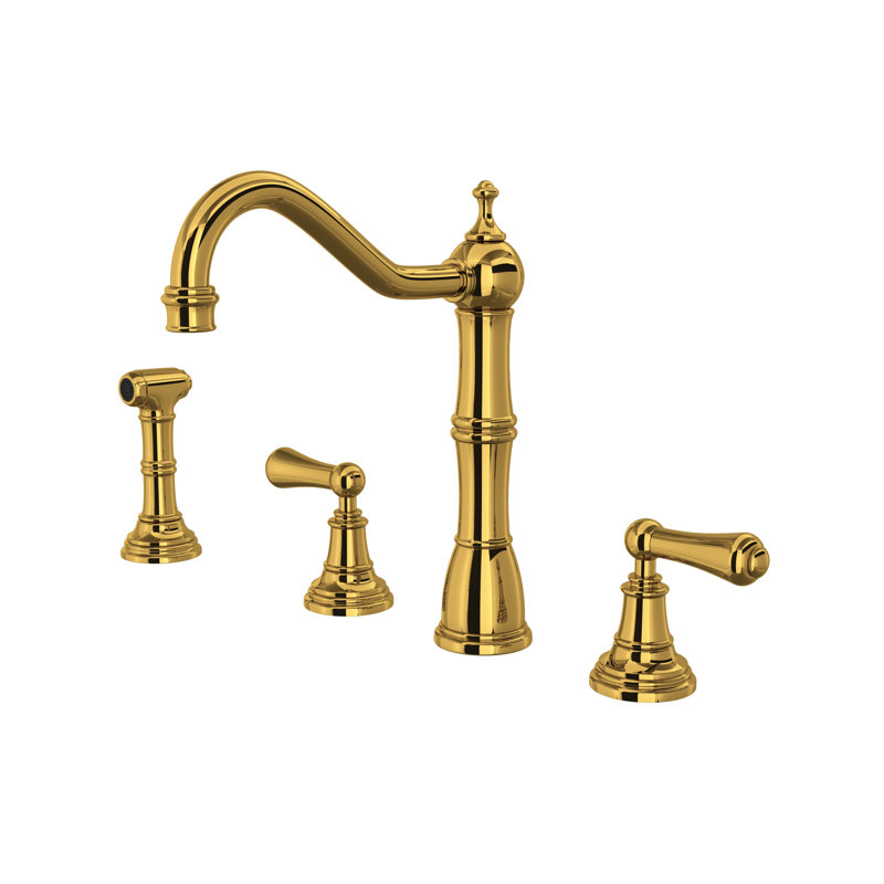 Edwardian Double Handle Kitchen Faucet with Accessories, Unlacquered Brass, Lever