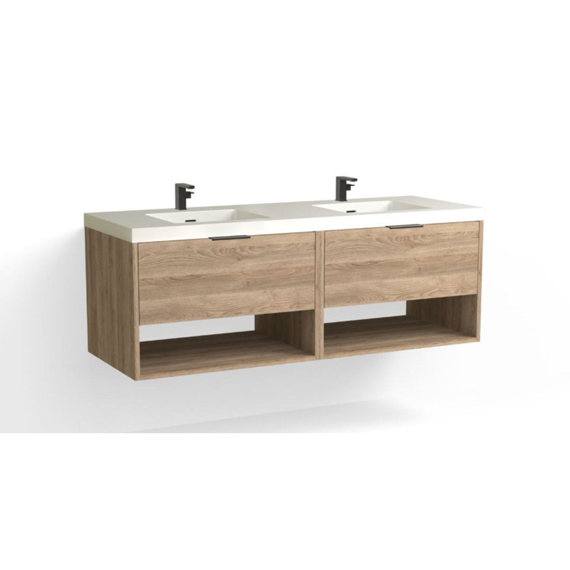 Modo 60" W Wall Mounted Double Bathroom Vanity, Glossy White/Single, Nocino, Matte Black