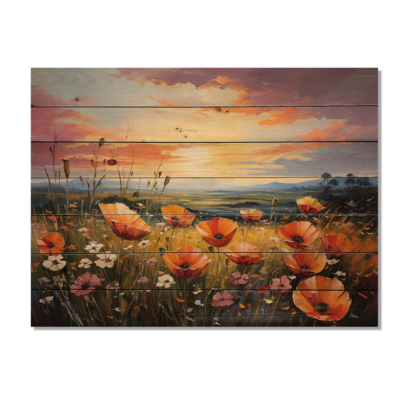 Tangerine Tango Field Of Blooms Flowers I - Flower Wood Wall Art On Natural Pine Wood, 10" H x 20" W