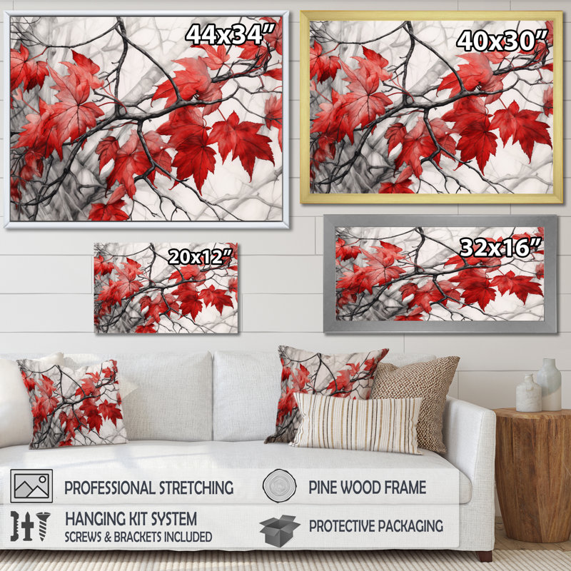 "Red Grey Leaves On Tree VII", reproduction d'art sur toile, 24" H x 32" W, Cadre flottant noir