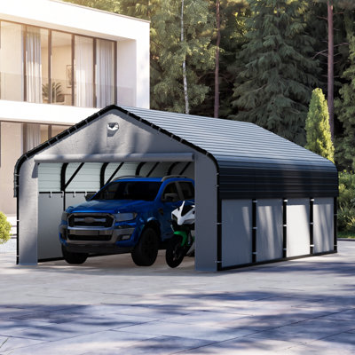 12 ft. W x 20 ft. D Heavy Duty Metal Frame Carport, Outdoor Garage Car Shelter with Powder-Coated Steel Roof & Fabric Sidewall