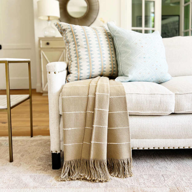 Pampa Hand Woven Throw Blanket, Camel/White Striped