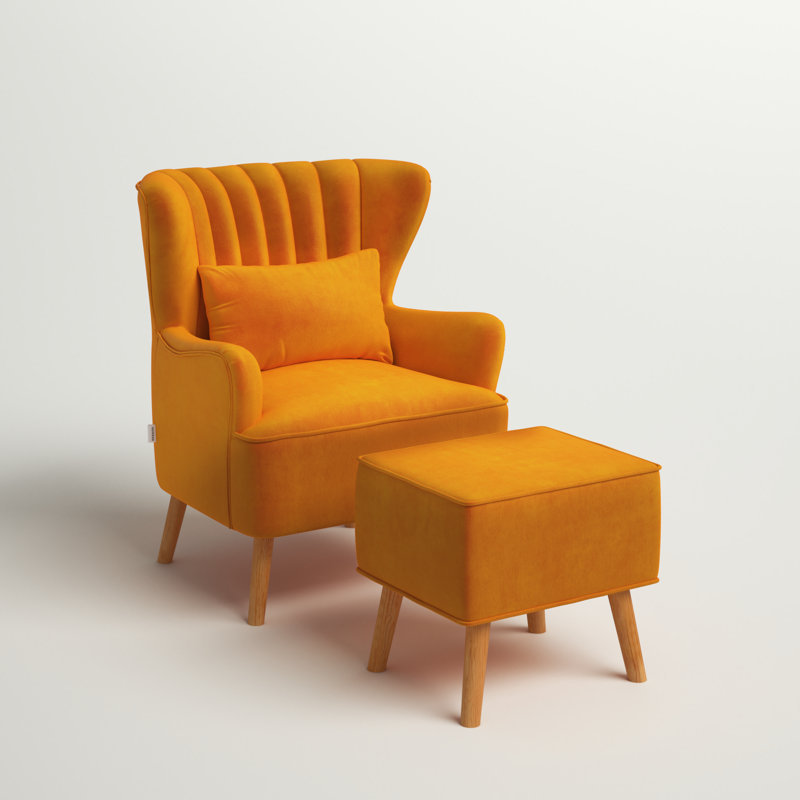 Tybalt Velvet Wingback Chair with Footstool, Orange