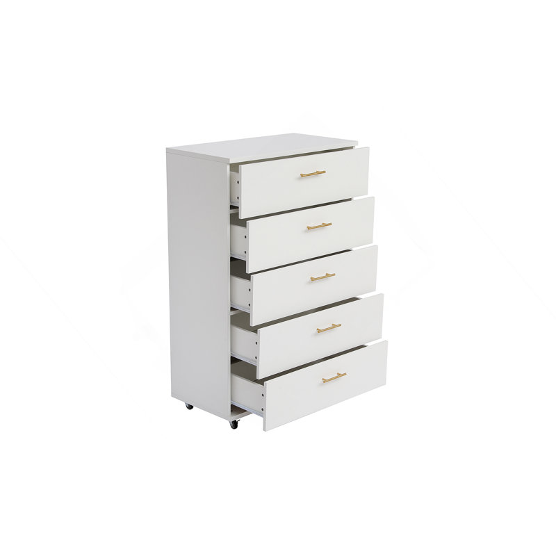 Commode 5 tiroirs avec poignées et quatre roulettes pivotantes