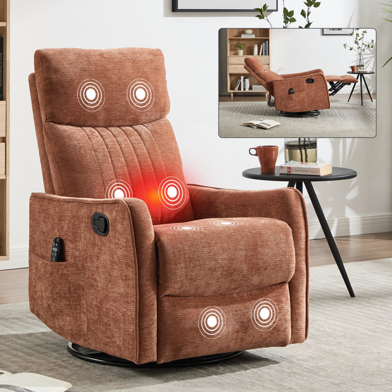 Heat Massage Manual Recliner Chair With Rocker And Swivel In Fabric For Living Room, Orange