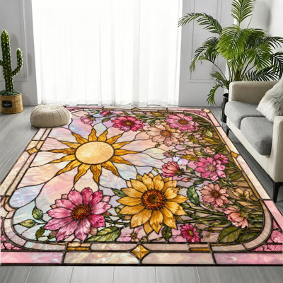 Tapis antidérapant en velours, motif floral tournesol style vitrail vintage, tapis décoratif, décoration intérieure artistique pour salon, chambre, appartement
