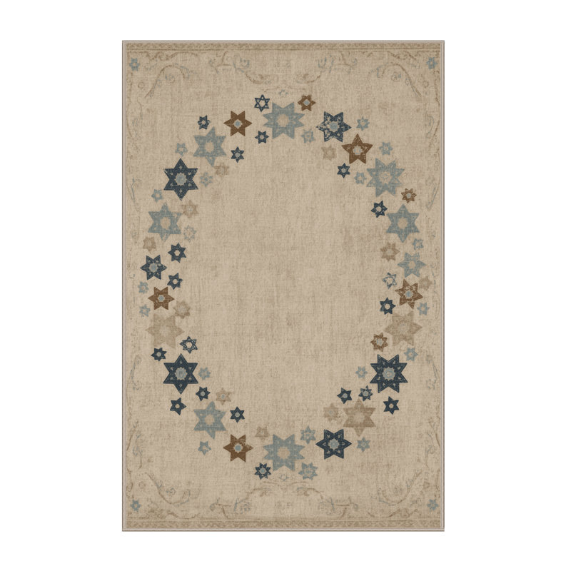 Tapis moelleux et moelleux à motif abstrait moderne et contemporain de style Hanoukka beige - reliure beige, 4 x 6