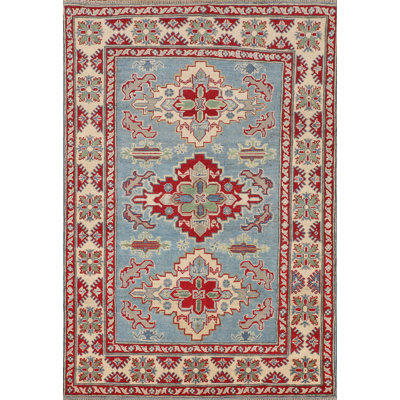 Tapis oriental Kazak à motif géométrique bleu clair 4 x 6