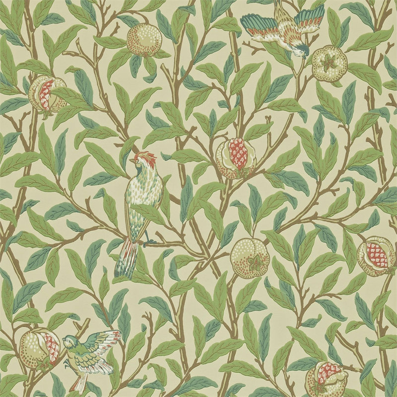 Bird & Pomegranate Wallpaper, Bayleaf/Cream
