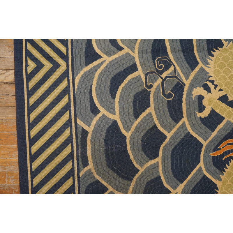 Antique English Pontremoli Needlepoint Rug With a Unique Dragon in the Centre 8'8" x 10'0" Area Rug