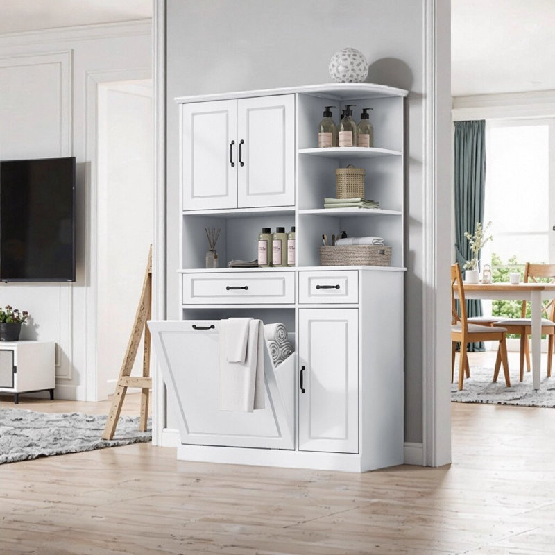 Grande armoire de rangement autoportante avec tiroir rabattable et tablettes réglables - Organisateur de panneau de fibres à densité moyenne blanc moderne pour salle de bain, salon, bureau, hauteur de 69,7 po